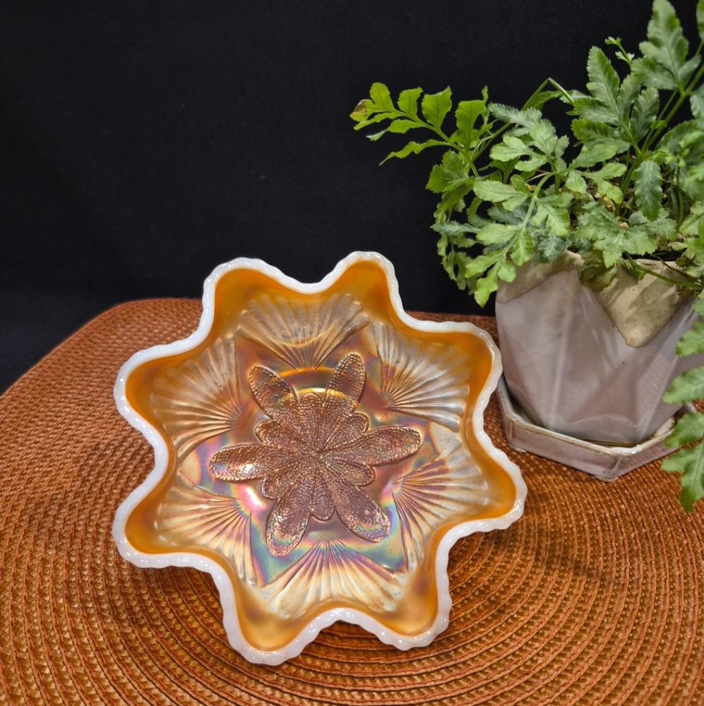 Dugan Carnival Glass Petal & Fan Ruffled Berry Bowl Peach Opalescent